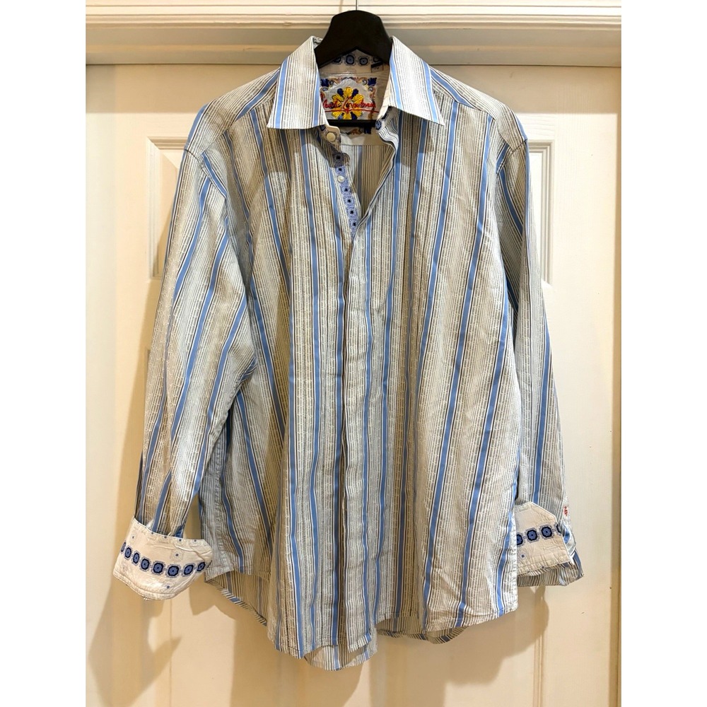 Robert Graham L Striped Dress Shirt Blue/Gray/White Long Sleeve Cotton Trim